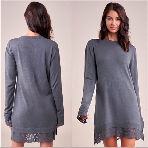 Gray Crochet Hem Sweater Dress - Picture 3 of 4